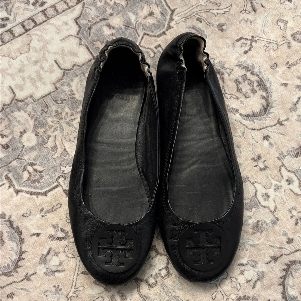 Tory Burch Black Logo Leather Ballet Flats